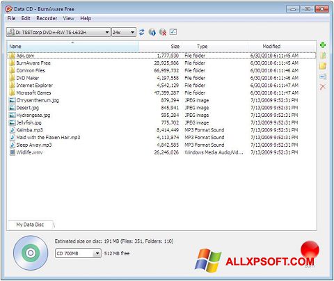 لقطة شاشة BurnAware Free لنظام التشغيل Windows XP