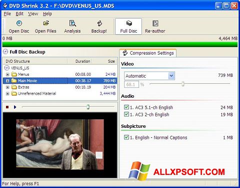 لقطة شاشة DVD Shrink لنظام التشغيل Windows XP