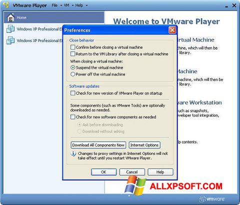 لقطة شاشة VMware Player لنظام التشغيل Windows XP