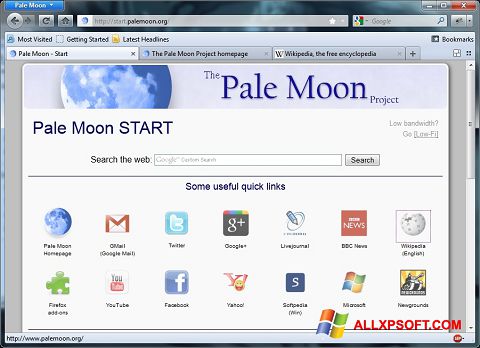 لقطة شاشة Pale Moon لنظام التشغيل Windows XP
