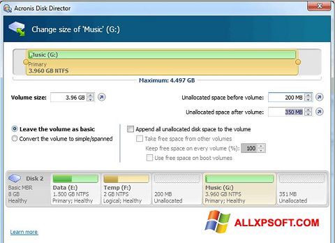 لقطة شاشة Acronis Disk Director لنظام التشغيل Windows XP