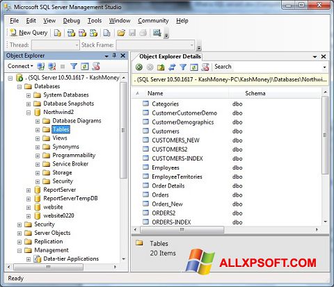 لقطة شاشة Microsoft SQL Server لنظام التشغيل Windows XP