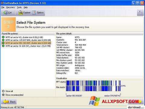 لقطة شاشة GetDataBack لنظام التشغيل Windows XP