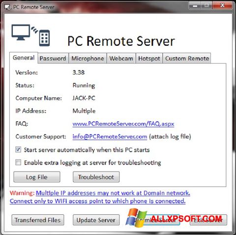 لقطة شاشة PC Remote Server لنظام التشغيل Windows XP