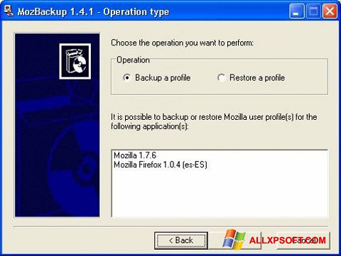 لقطة شاشة MozBackup لنظام التشغيل Windows XP