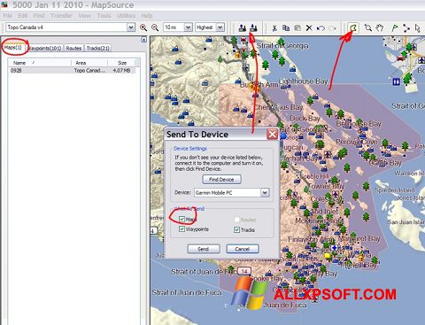 لقطة شاشة MapSource لنظام التشغيل Windows XP