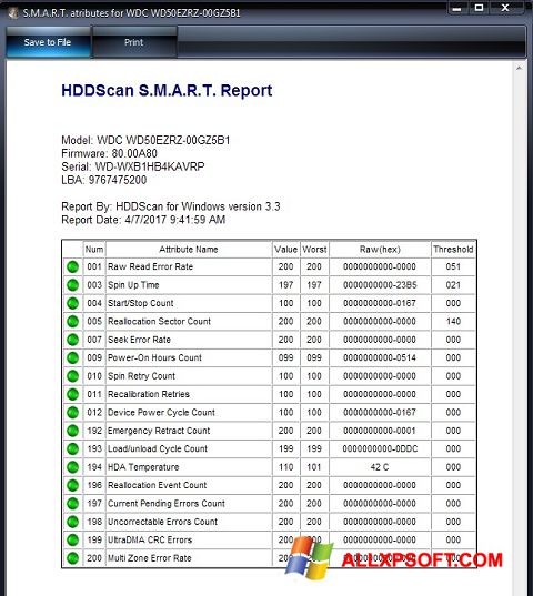 لقطة شاشة HDDScan لنظام التشغيل Windows XP