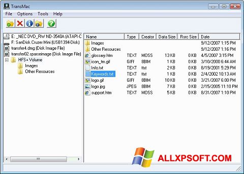 لقطة شاشة TransMac لنظام التشغيل Windows XP