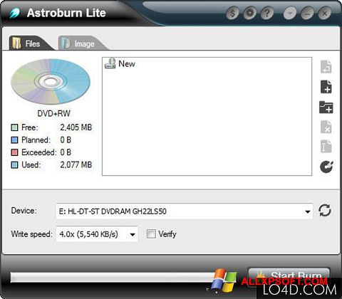 لقطة شاشة Astroburn Lite لنظام التشغيل Windows XP