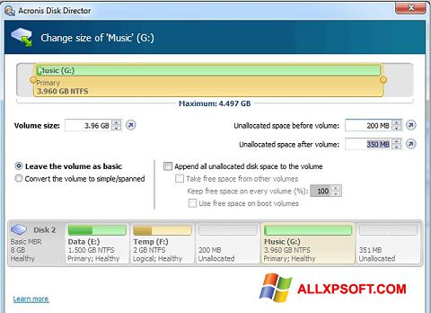 لقطة شاشة Acronis Disk Director Suite لنظام التشغيل Windows XP