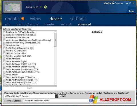 لقطة شاشة Garmin Express لنظام التشغيل Windows XP