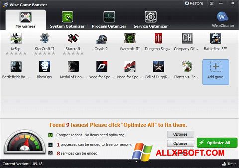 لقطة شاشة Wise Game Booster لنظام التشغيل Windows XP