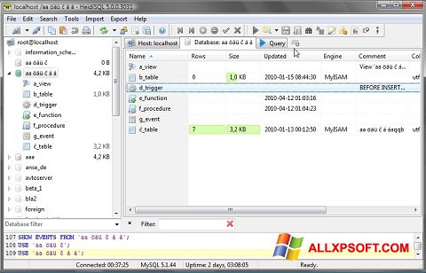 لقطة شاشة HeidiSQL لنظام التشغيل Windows XP