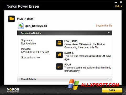 لقطة شاشة Norton Power Eraser لنظام التشغيل Windows XP