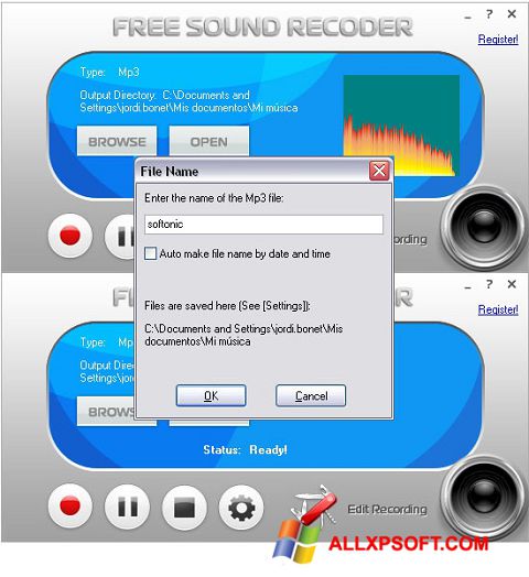 لقطة شاشة Free Sound Recorder لنظام التشغيل Windows XP