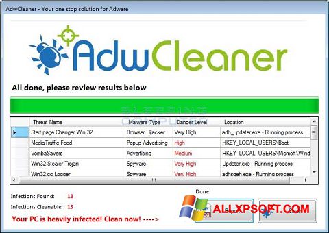 لقطة شاشة AdwCleaner لنظام التشغيل Windows XP