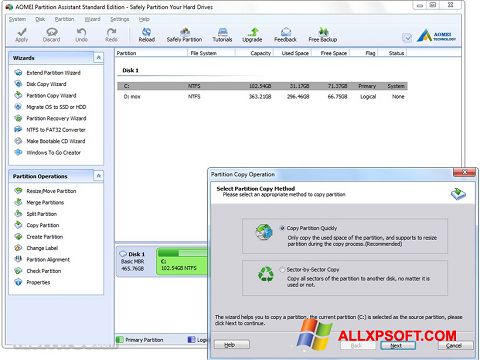 لقطة شاشة AOMEI Partition Assistant لنظام التشغيل Windows XP