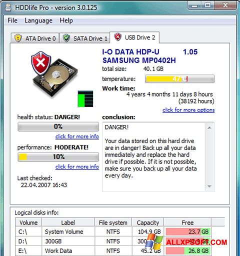 لقطة شاشة HDDlife لنظام التشغيل Windows XP