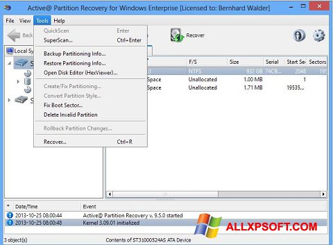 لقطة شاشة Active Partition Recovery لنظام التشغيل Windows XP