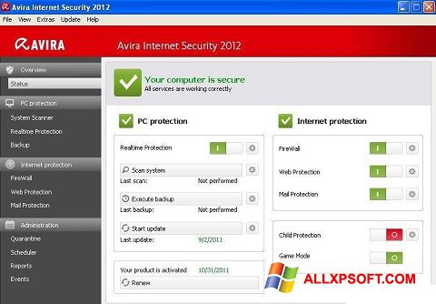 لقطة شاشة Avira Internet Security لنظام التشغيل Windows XP