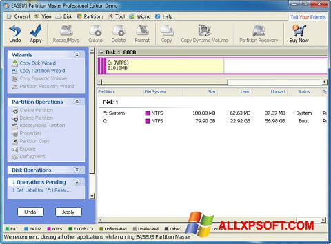 لقطة شاشة EASEUS Partition Master لنظام التشغيل Windows XP