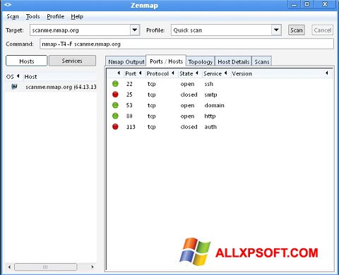 لقطة شاشة Nmap لنظام التشغيل Windows XP