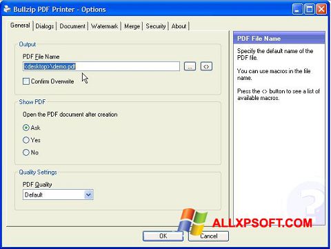 لقطة شاشة BullZip PDF Printer لنظام التشغيل Windows XP