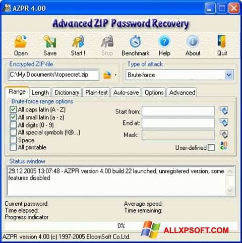 لقطة شاشة Advanced Archive Password Recovery لنظام التشغيل Windows XP