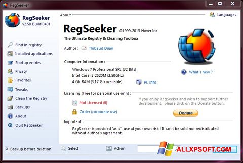 لقطة شاشة RegSeeker لنظام التشغيل Windows XP