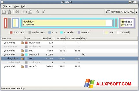 لقطة شاشة GParted لنظام التشغيل Windows XP