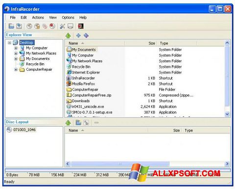 لقطة شاشة InfraRecorder لنظام التشغيل Windows XP