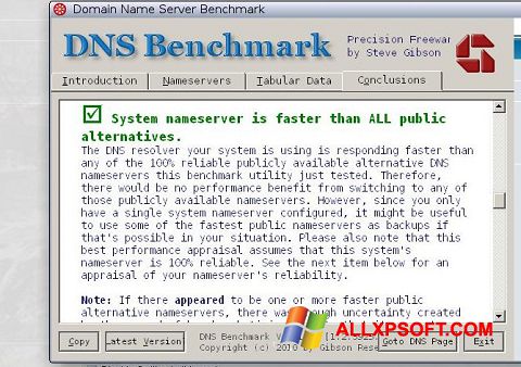لقطة شاشة DNS Benchmark لنظام التشغيل Windows XP