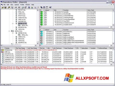لقطة شاشة Dependency Walker لنظام التشغيل Windows XP