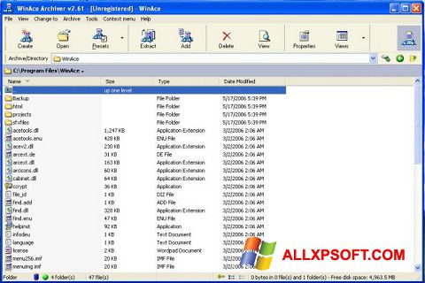 لقطة شاشة WinAce لنظام التشغيل Windows XP