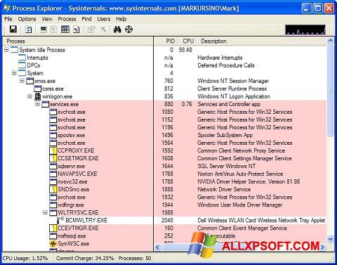 لقطة شاشة Process Explorer لنظام التشغيل Windows XP
