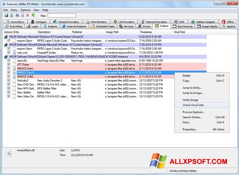 لقطة شاشة AutoRuns لنظام التشغيل Windows XP
