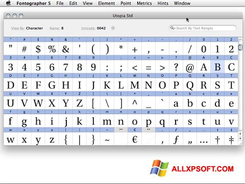 لقطة شاشة Fontographer لنظام التشغيل Windows XP