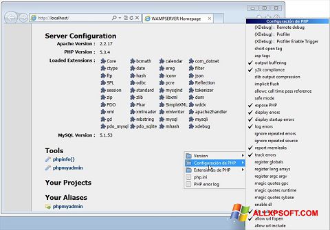 لقطة شاشة WampServer لنظام التشغيل Windows XP