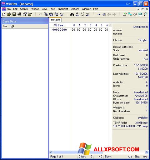 لقطة شاشة WinHex لنظام التشغيل Windows XP