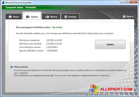 لقطة شاشة Microsoft Security Essentials لنظام التشغيل Windows XP